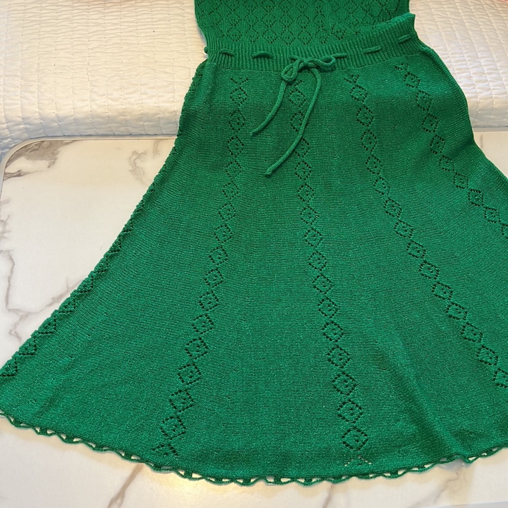 Vintage green knit A line dress ties at shoulder sundress midi feminine - Picture 8 of 14